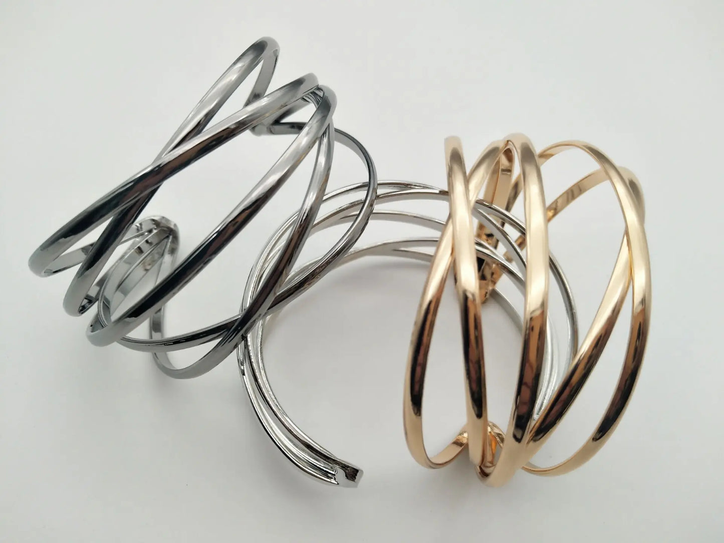 Vintage Gold Plated Hyperbolic Cuff Bangle Layered Wide Wire Statement Bracelet Bold Gift for Women