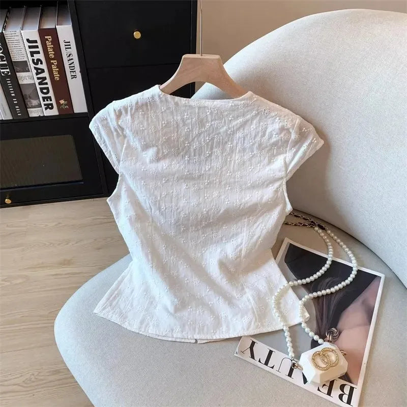 Women's White Floral Embroidery Blouse with Shirts Tie-Waist Detail Blouse