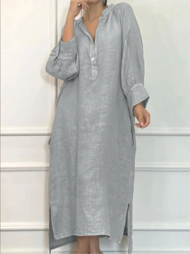 Fashion Cotton Linen Long-sleeved Loose Women's Dresses New Autumn Collection Casual Simple Pocket Elegant Female Slit Dress2025