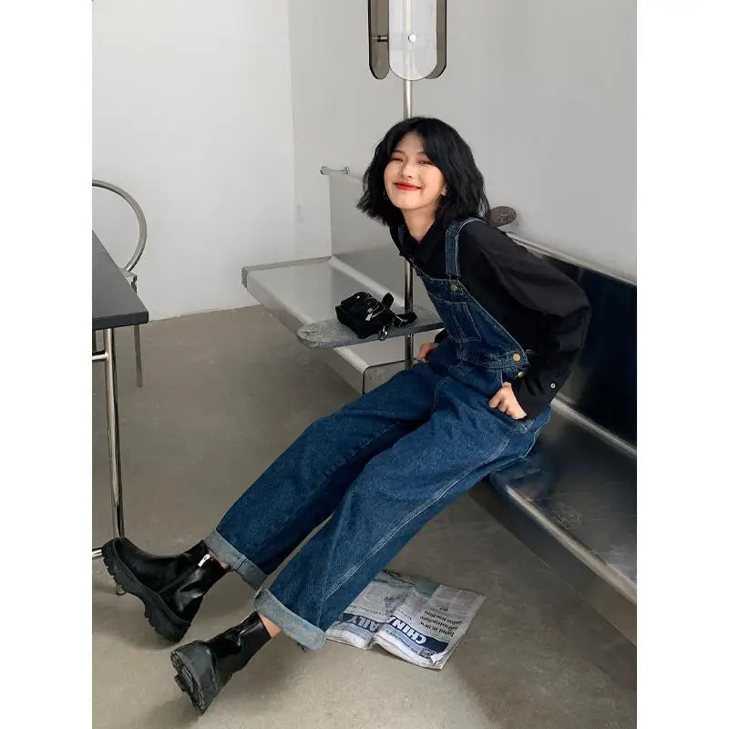 Jumpsuits Women Dark Blue Vintage Streetwear Harajuku Casual Fashion High Waist Loose Overalls Ulzzang Denim Suspenders Trousers