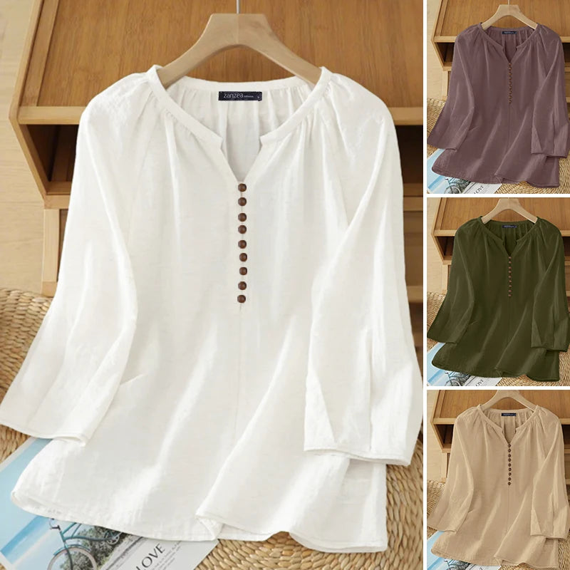 Women Blouse ZANZEA 2026 Spring Summer Shirt Casual V-Neck 3/4 Sleeve Solid Tops Female Mujer Elegant OL Work Blouses Oversize