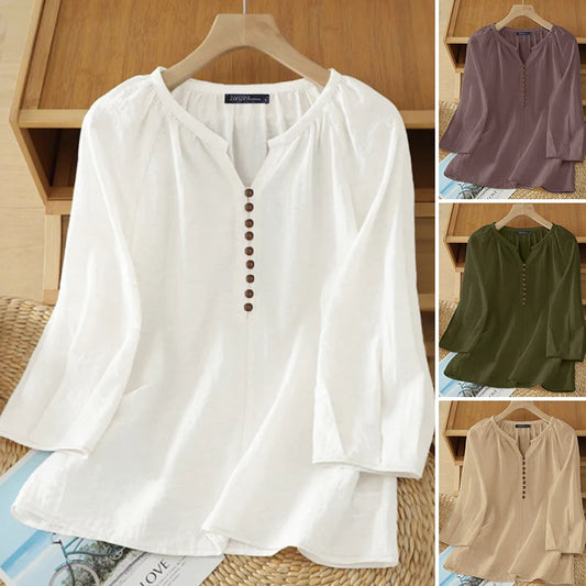Women Blouse ZANZEA 2026 Spring Summer Shirt Casual V-Neck 3/4 Sleeve Solid Tops Female Mujer Elegant OL Work Blouses Oversize