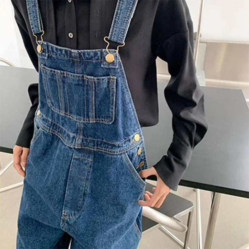 Jumpsuits Women Dark Blue Vintage Streetwear Harajuku Casual Fashion High Waist Loose Overalls Ulzzang Denim Suspenders Trousers