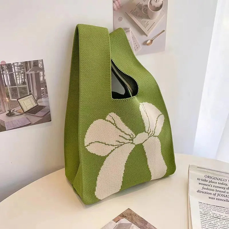 Women'S Knot Wrist Tote Bags Handmade Knitted Bag Portable Mini Striped Bucket Phone Bags Large Capacity Spring Summer Handbags