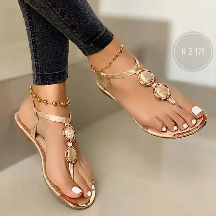 Summer Sandals Women Fashion Casual Beach Outdoor Flip Flop Sandals Metal Decoration Ladies Flat Shoes Big Size 2023