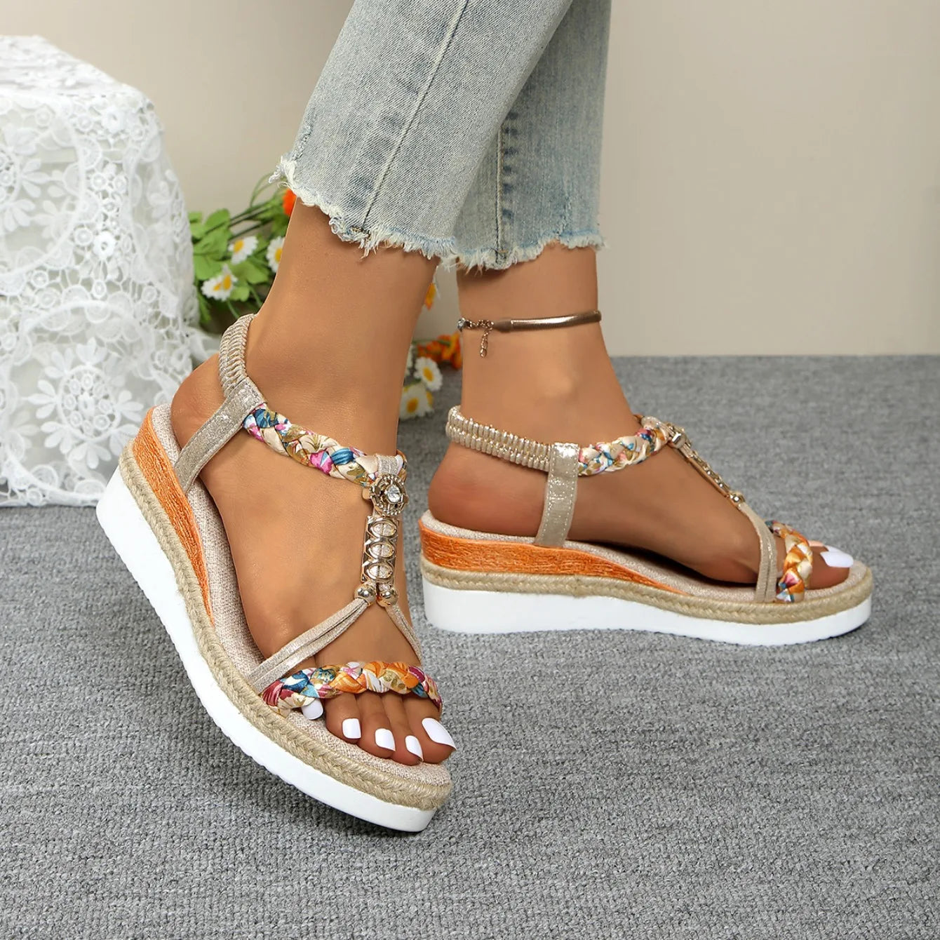 Women Wedge Sandals Summer 2024 Braided Band Platform Gladiator Sandals Woman Thick Bottom Beach Shoes Women Sandalias De Mujer