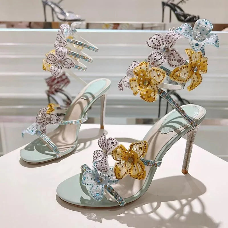 Sandalias Women Rhinestone Flower Decor Dress Shoes Snake Shaped Elastic Strap Thin High Heels Sandals Summer Bridesmaid Shoes