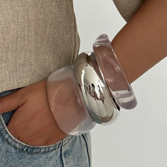 Punk Geometric Clear Acrylic Resin Wide Bangles Vintage Fashion Silver Color Metal Bracelet Bangle For Women Men Jewelry