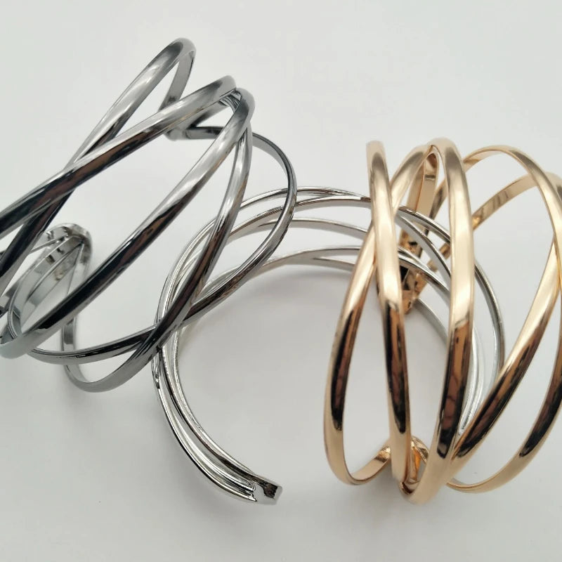 Vintage Gold Plated Hyperbolic Cuff Bangle Layered Wide Wire Statement Bracelet Bold Gift for Women