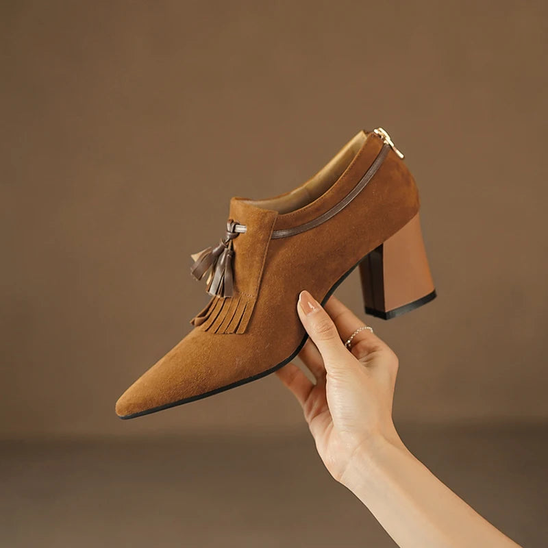 2025 Spring Women Shoes Pointed Toe Chunky Heel Women Pumps Sheep Suede High Heels Belt Buckle Shoes for Women zapatos de mujer