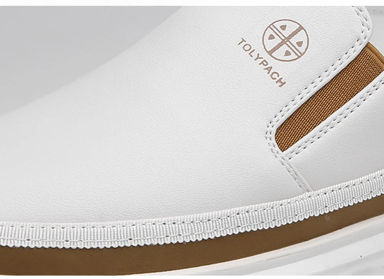 New 2025 Men's Genuine Leather Casual Sneakers Spring Summer Fashion Slip-On White Shoes Soft Sole Comfortable for Everyday Wear