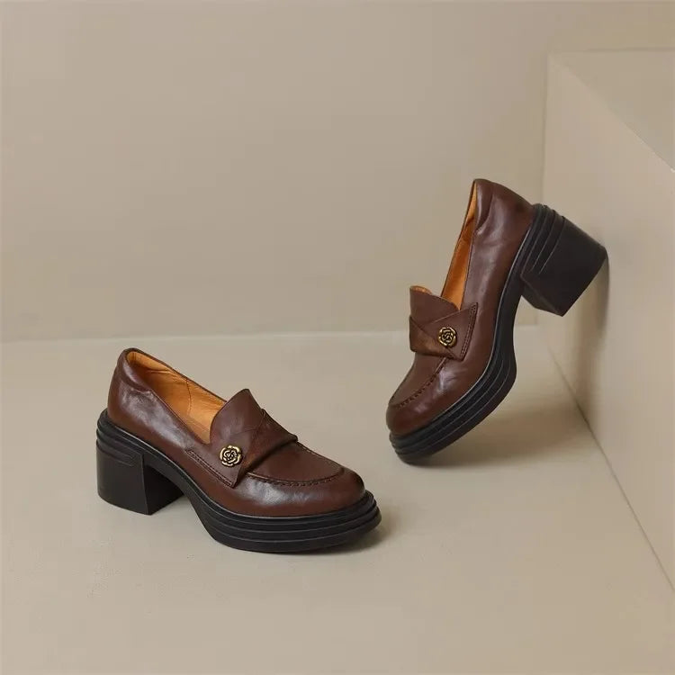 Women High Heel Shoes 2025 Retro Spring Autumn Performance Causal Women's Loafers Fashion Versatile Pumps Ladies Leather Shoes
