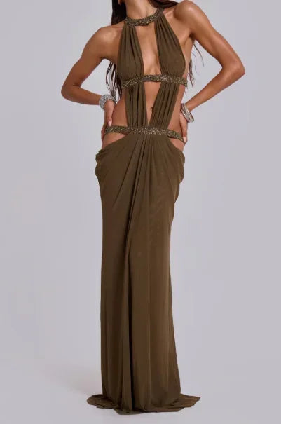 Women Sexy Backless Sequin Halter Dress Sleeveless Off Shoulder Hollow Out Pleated Maxi Dresses 2026 Lady Evening Party Gowns