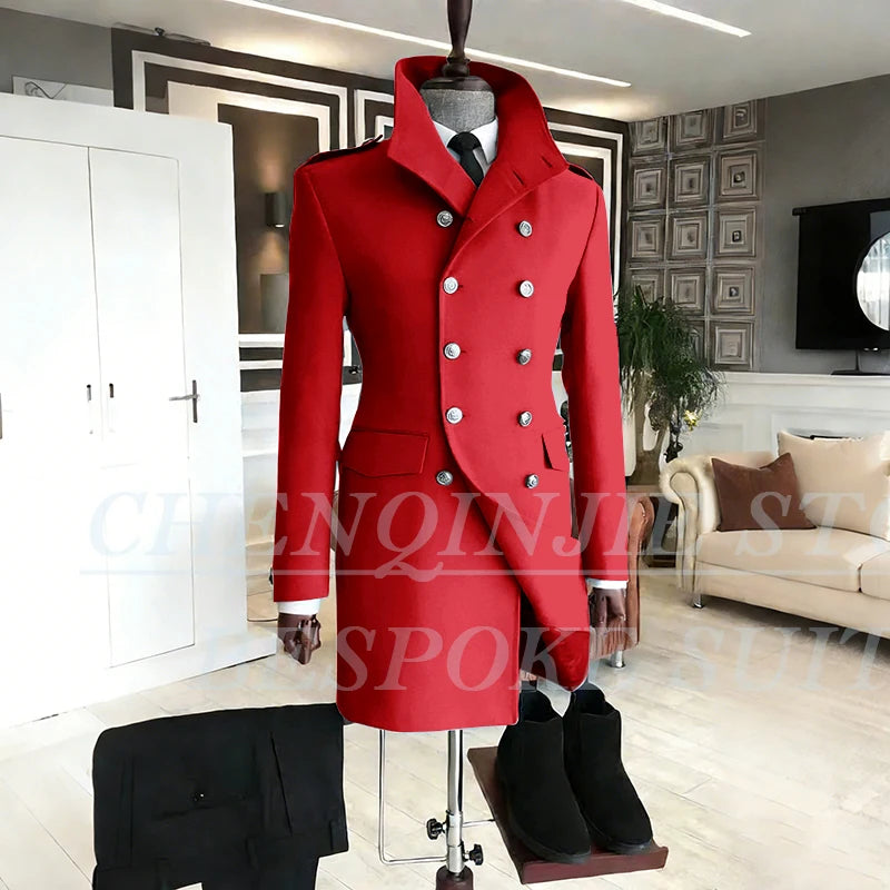 Casual Men's Suits 2 Piece Jacket Pants Grey Double Breasted Stand Lapel Luxury Blazer