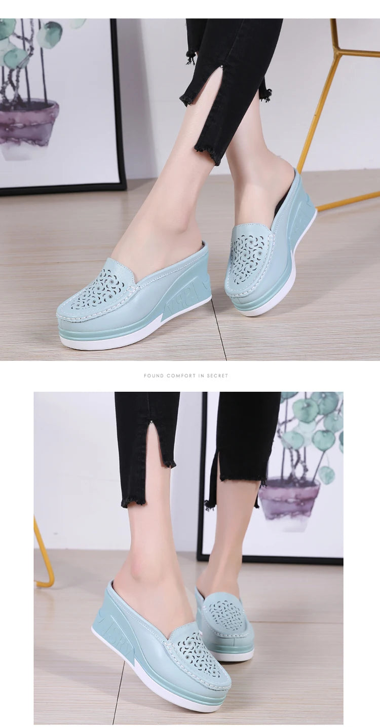STRONGSHEN Women Slippers Casual Hollow Out Heel Wedge Thick Bottom Increase by 8cm Half Slippers Women's Non slip Fashion Shoes