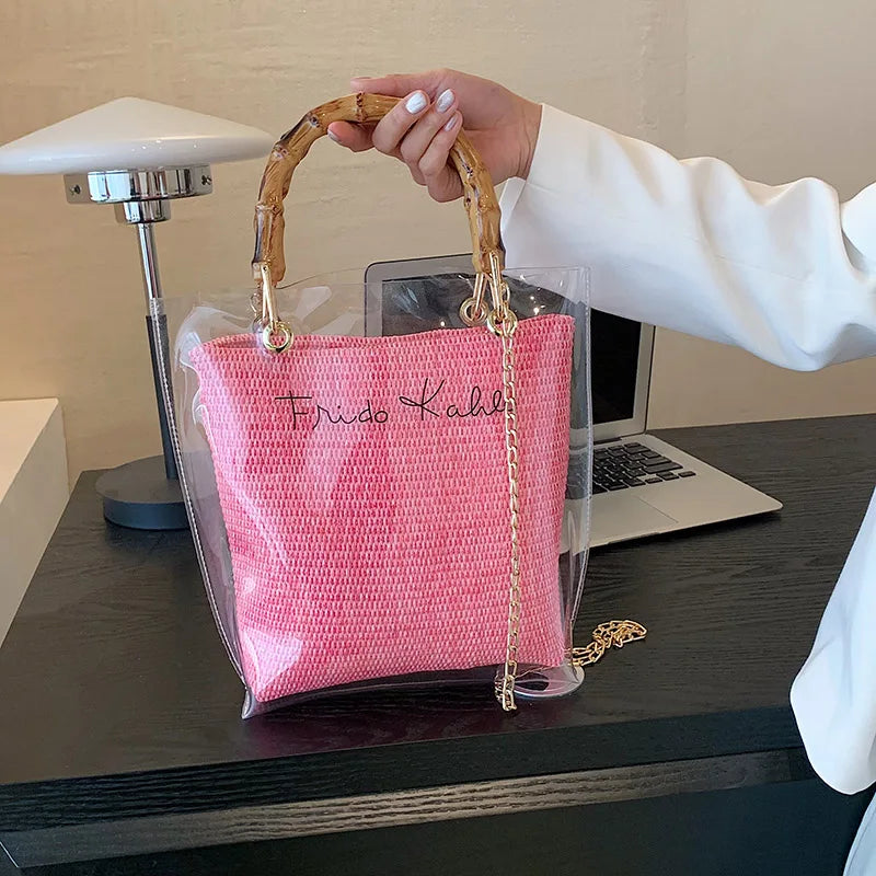 Large Capacity Women PVC Handbags High Quality Ladies Transparent Beach Tote Shoulder Messenger Bags Casual Chain Crossbody Bag