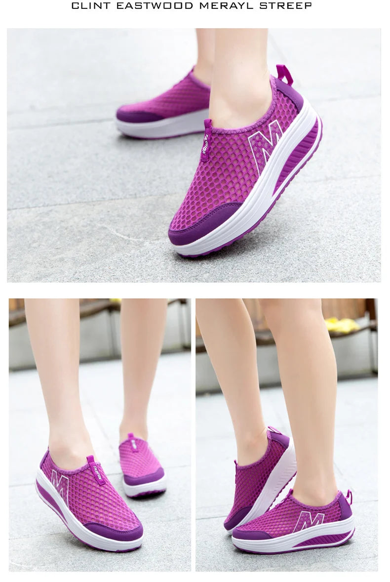 Women Mesh Flat Shoes Sneakers Women Swing Wedge Hollowed Out Slip-on Shoes Women Platform Breathable Lightweigt Vulcanization