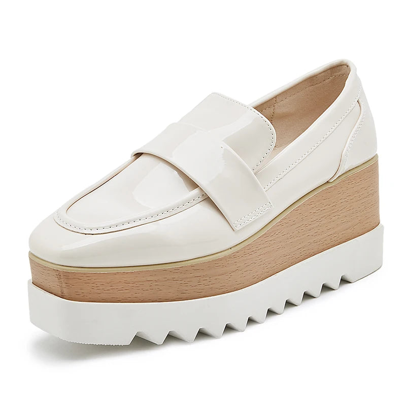 8cm Heeled Platform Wedges Shoes Womens High Heels Casual Lazy Shoes Square Toe Wedge Creepers Pumps Damen Black