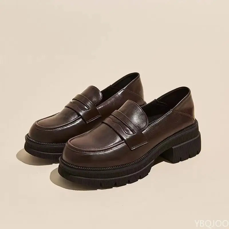 Women's Casual leather Shoes Fashion Thick soled Pumps Solid Color Breathable Loafers Fashion comfort ladies high heels Zapatos