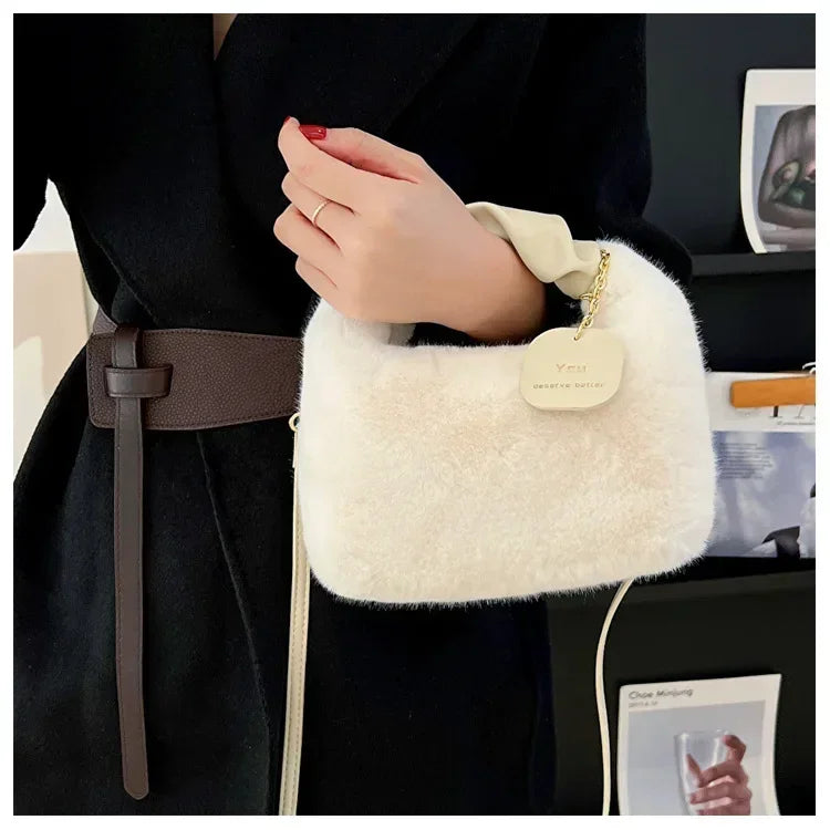Women Faux Fur Plush Handbags Ruched Handle Small Lady Shoulder Crossbody Bag Casual Tote Half-Moon Hobos Winter Bags for Women