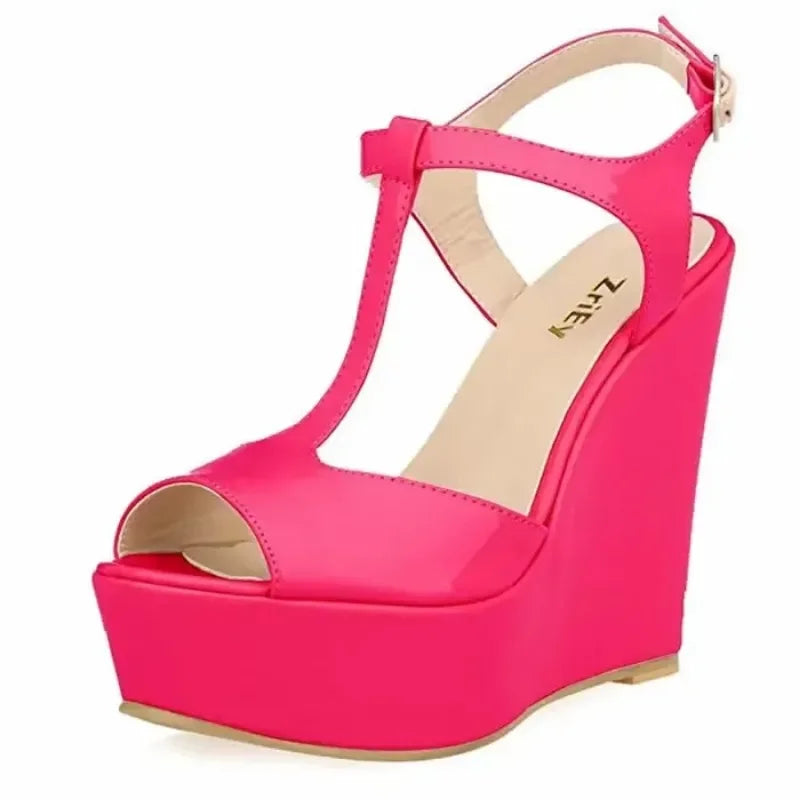 Women Wedge Sandals 2026 New Summer 14cm Open Toe Sexy Ankle Strap High Heels Patent Leather Platform Pumps Party Wedding Shoes