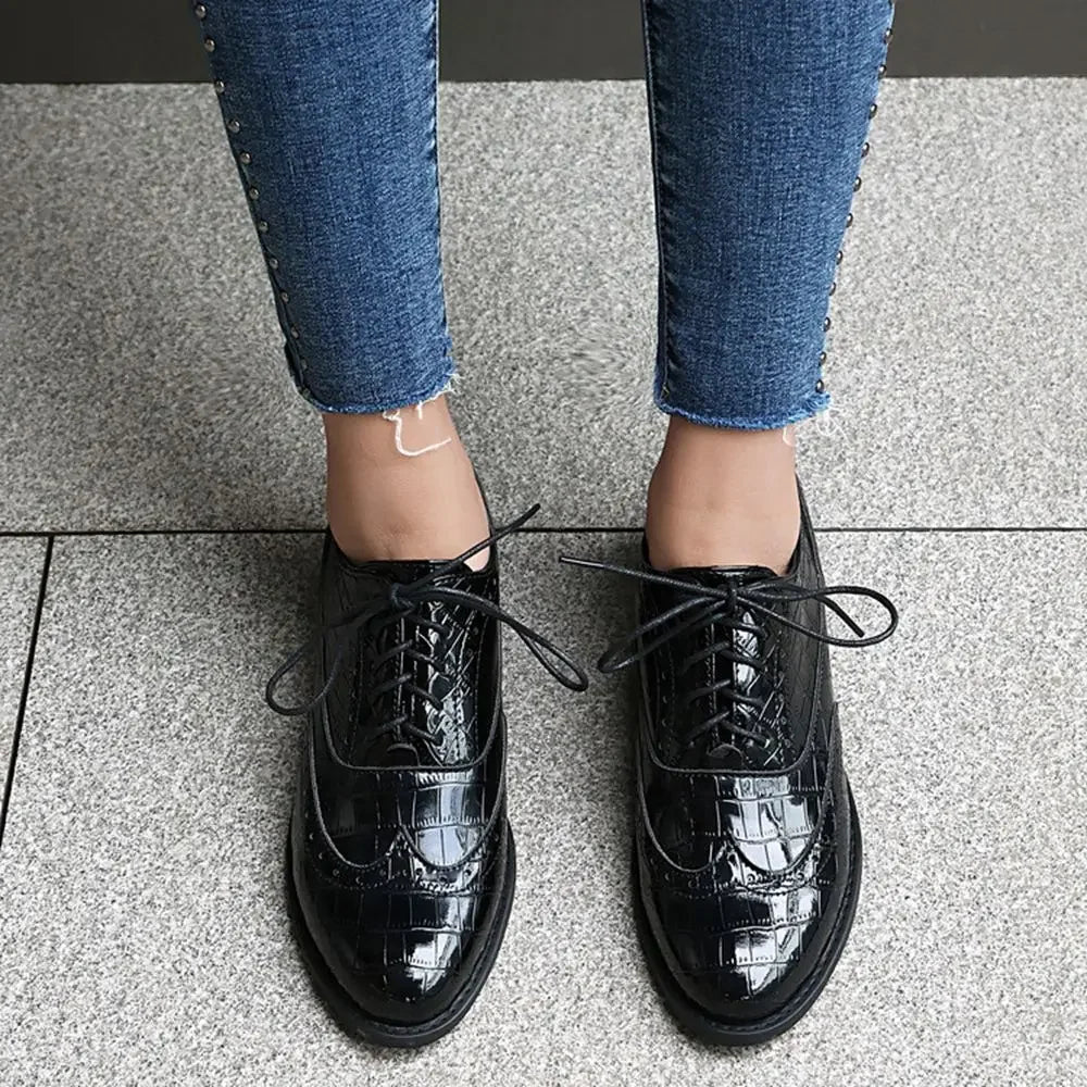 Women Shoes Spring New Fashion Round Toe Lace Up Retro Single Shoe for Office Party Walk Thick Low Heeled Big Size 48 775-1