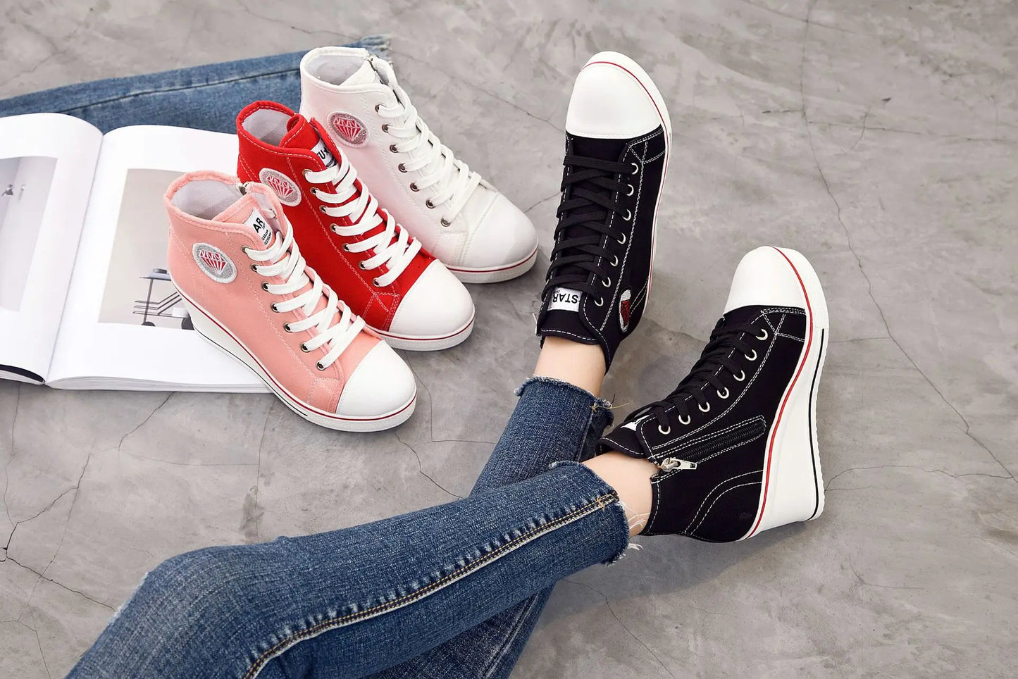 Wedge Heel Casual Shoes for Women New Canvas Shoes Side Zipper High Heel Lace Up Shoes Woman's Heightening Platform Sneakers