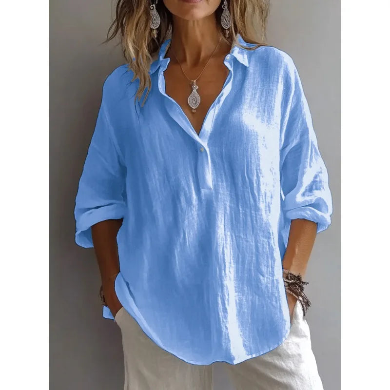 Women Cotton Linen Blouse Long Sleeve Turn Down Collar Solid Color Casual Loose Shirt Summer Breathable Office Lady Tops