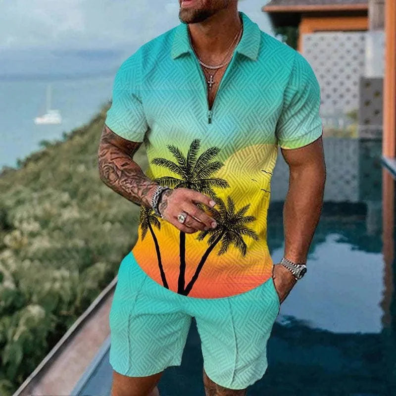 Men's Polo Tracksuit Set Summer Fashion Men Short Sleeve Zipper Polo Shirt&Shorts Set for Men Casual Streetwear 2 Piece Suit