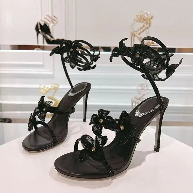 Sandalias Women Rhinestone Flower Decor Dress Shoes Snake Shaped Elastic Strap Thin High Heels Sandals Summer Bridesmaid Shoes
