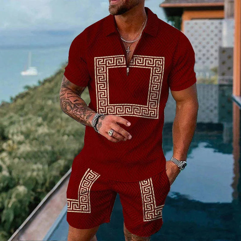 Men's Polo Tracksuit Set Summer Fashion Men Short Sleeve Zipper Polo Shirt&Shorts Set for Men Casual Streetwear 2 Piece Suit