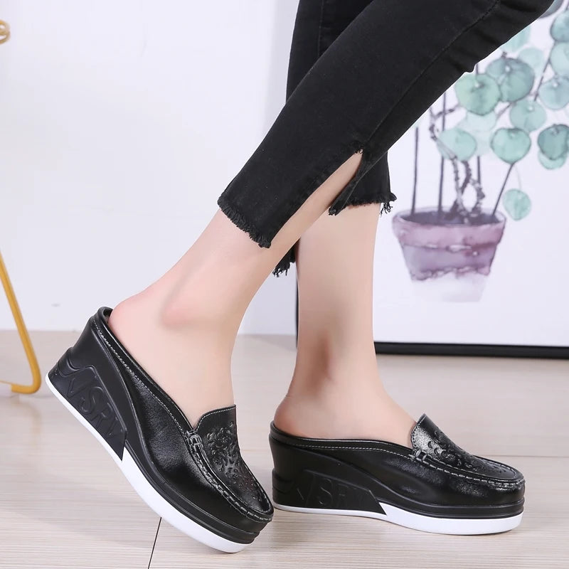 STRONGSHEN Women Slippers Casual Hollow Out Heel Wedge Thick Bottom Increase by 8cm Half Slippers Women's Non slip Fashion Shoes