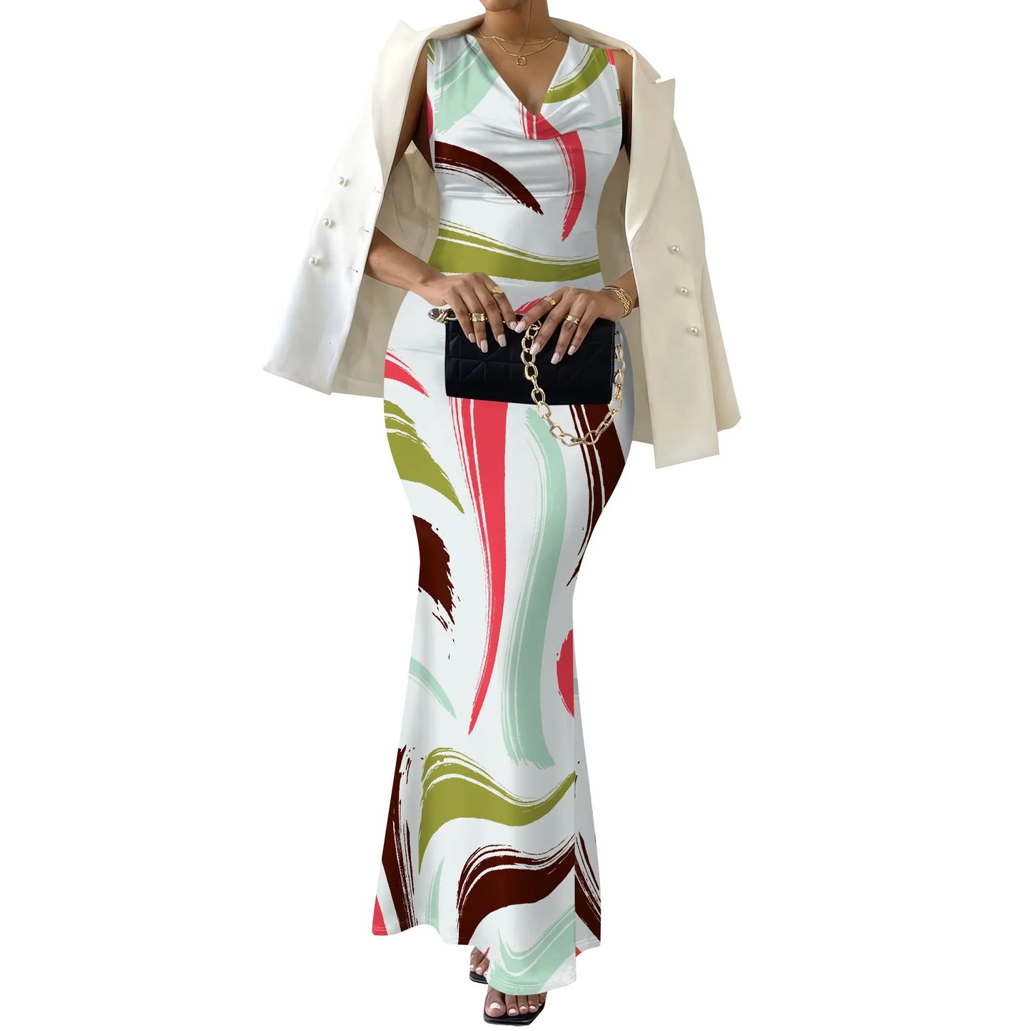 Womens Sexy Casual Dresses Colorful Geometric Off-Shoulder Maxi Dress  Artistic Party Evening Resortwear Swing Neck Dress