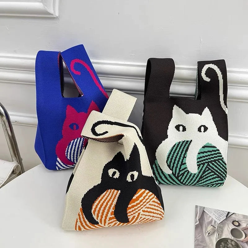 Women'S Knot Wrist Tote Bags Handmade Knitted Bag Portable Mini Striped Bucket Phone Bags Large Capacity Spring Summer Handbags