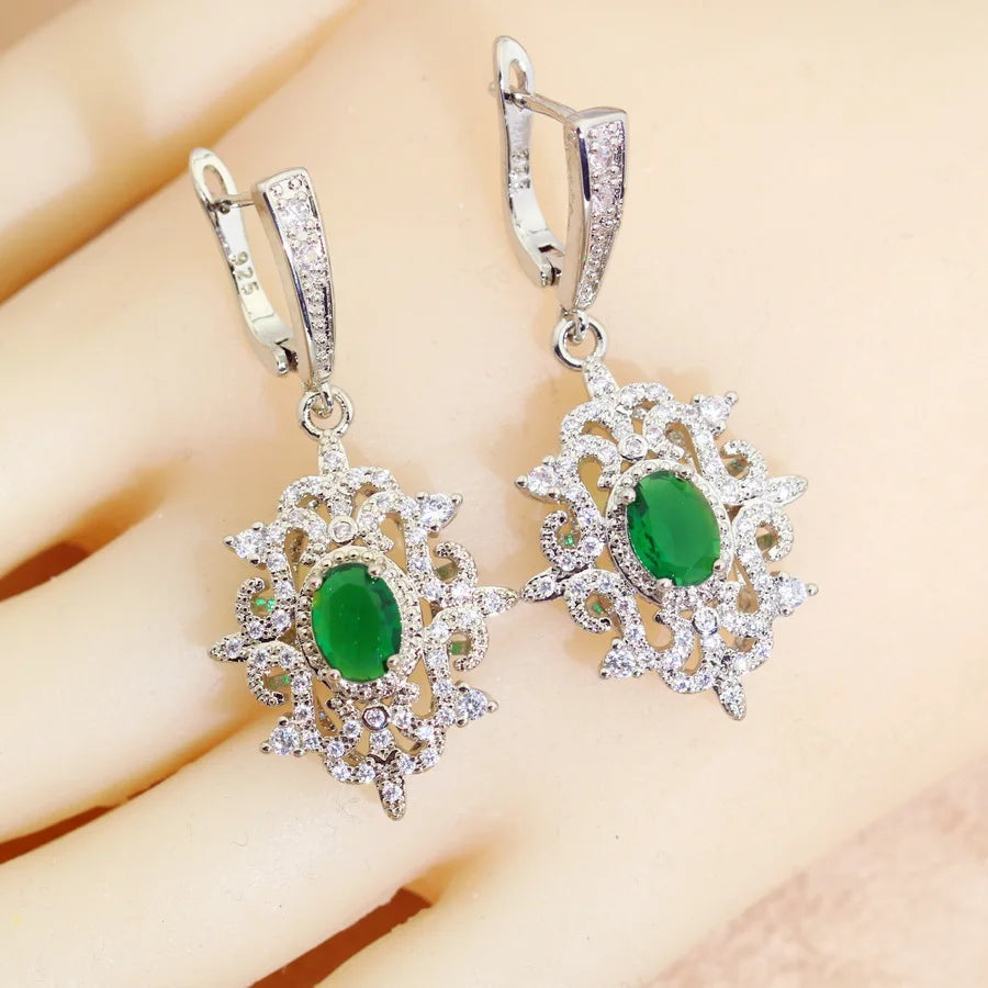 Bridal Jewelry Sets for Women Green Crystal Silver 925  Earrings Necklace Pendant Ring Wedding Gift