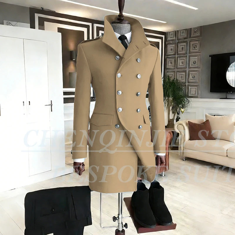 Casual Men's Suits 2 Piece Jacket Pants Grey Double Breasted Stand Lapel Luxury Blazer