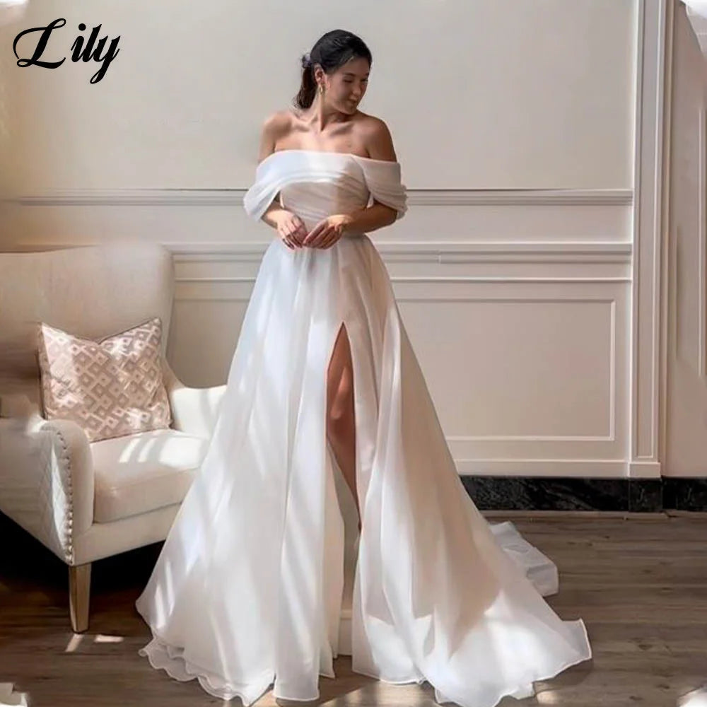 Lily Chic Pure White Wedding Party Dress Off-Shoulder A-Line Formal Dress Romantic Flowy Design with High Slit Skirt Customized