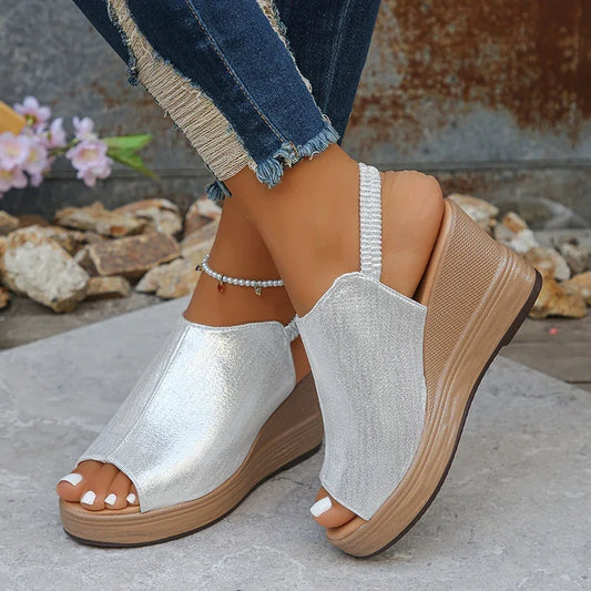 Sexy Ladies Peep Toe Gladiator Sandals Summer 2026 Gold Silver Wedge Heels Shoes Woman Plus Size 42 Thick Sole Platform Sandals