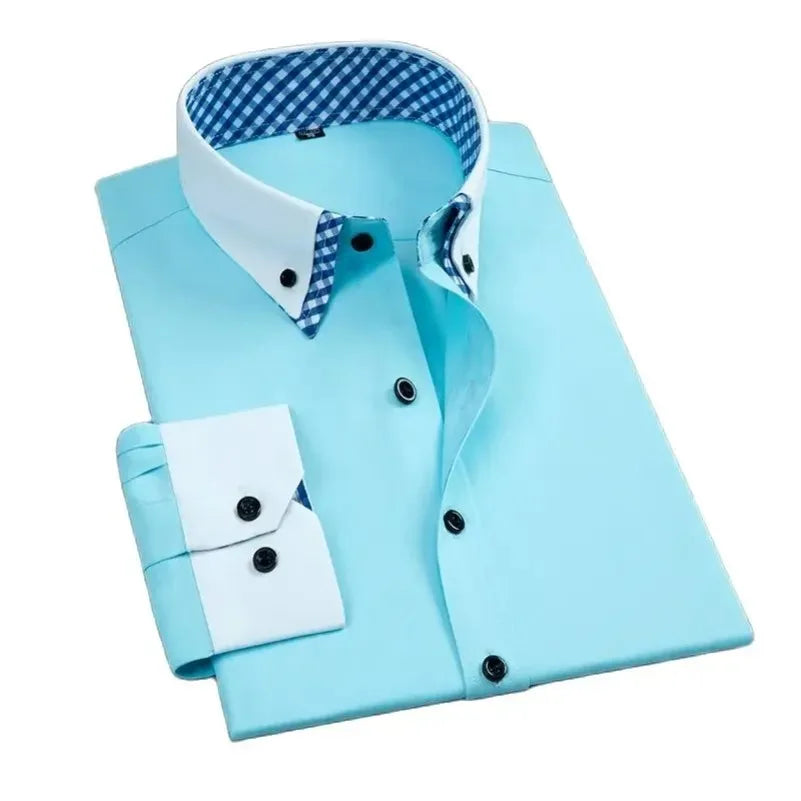Men's Business Dress Shirt Long Sleeve Non Iron Fashion Double Layer Formal Regular Fit Office Camisa Social Solid Button Shirts