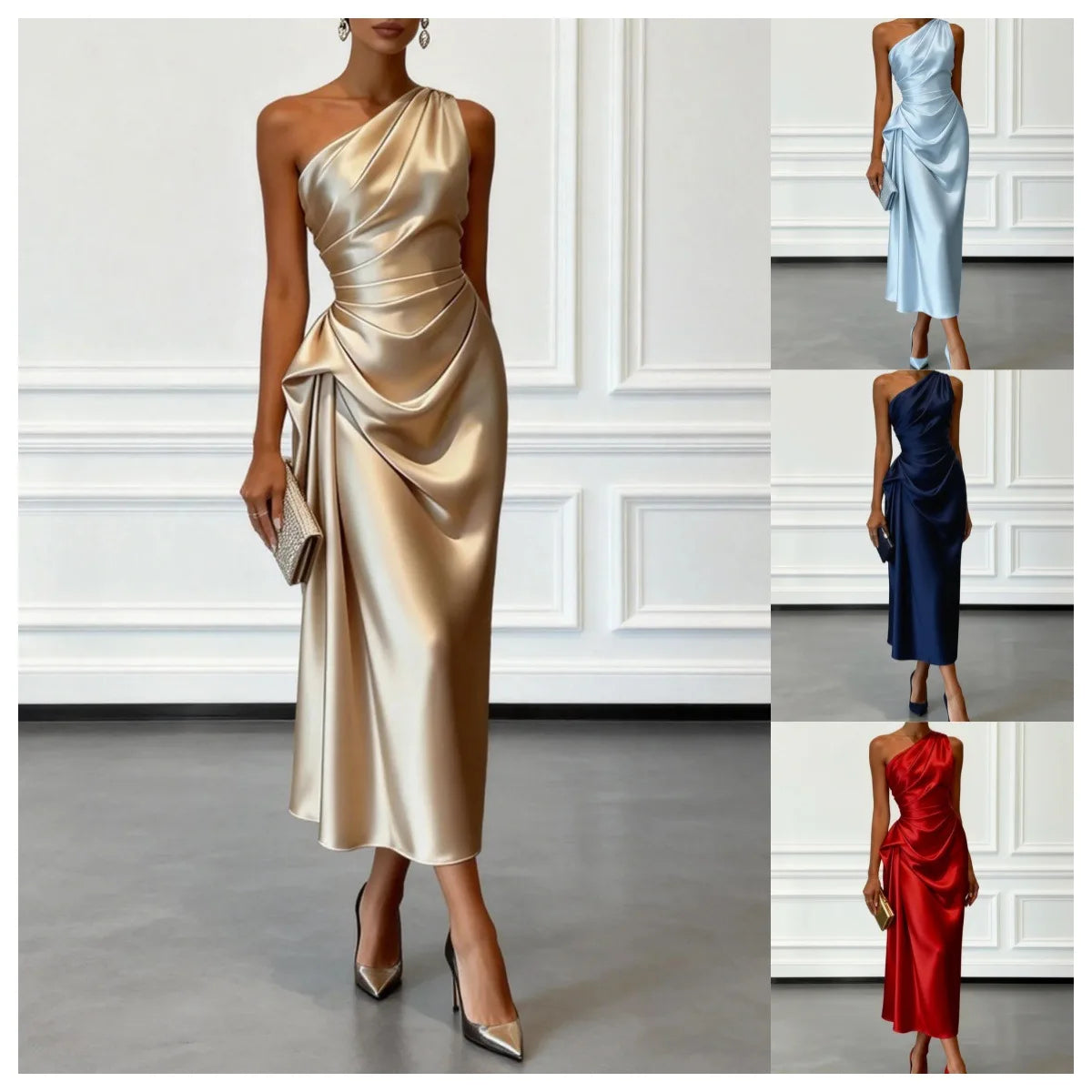 Fashion Sexy Dress Summer New High-end Satin Pleated Waist Sleeveless Banquet Evening Dresses For Women Robe Femal Vestidos 2026