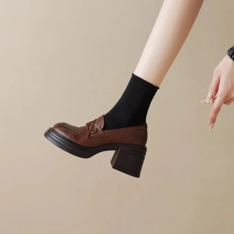 Women High Heel Shoes 2025 Retro Spring Autumn Performance Causal Women's Loafers Fashion Versatile Pumps Ladies Leather Shoes