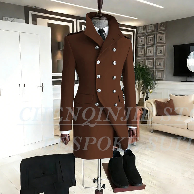 Casual Men's Suits 2 Piece Jacket Pants Grey Double Breasted Stand Lapel Luxury Blazer