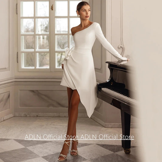 Sexy Short Wedding Dress Bridal Gown Customized One Shoulder Long Sleeves Flower Mini Little White Gown Bride Dresses