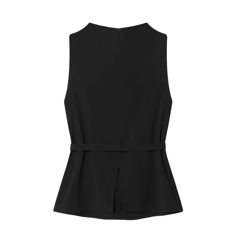 Elegant Black Sleeveless Blouse for Women with Belt Summer Casual Tank Top Back Zipper Work Office Wear Casual Daily Outfits Top