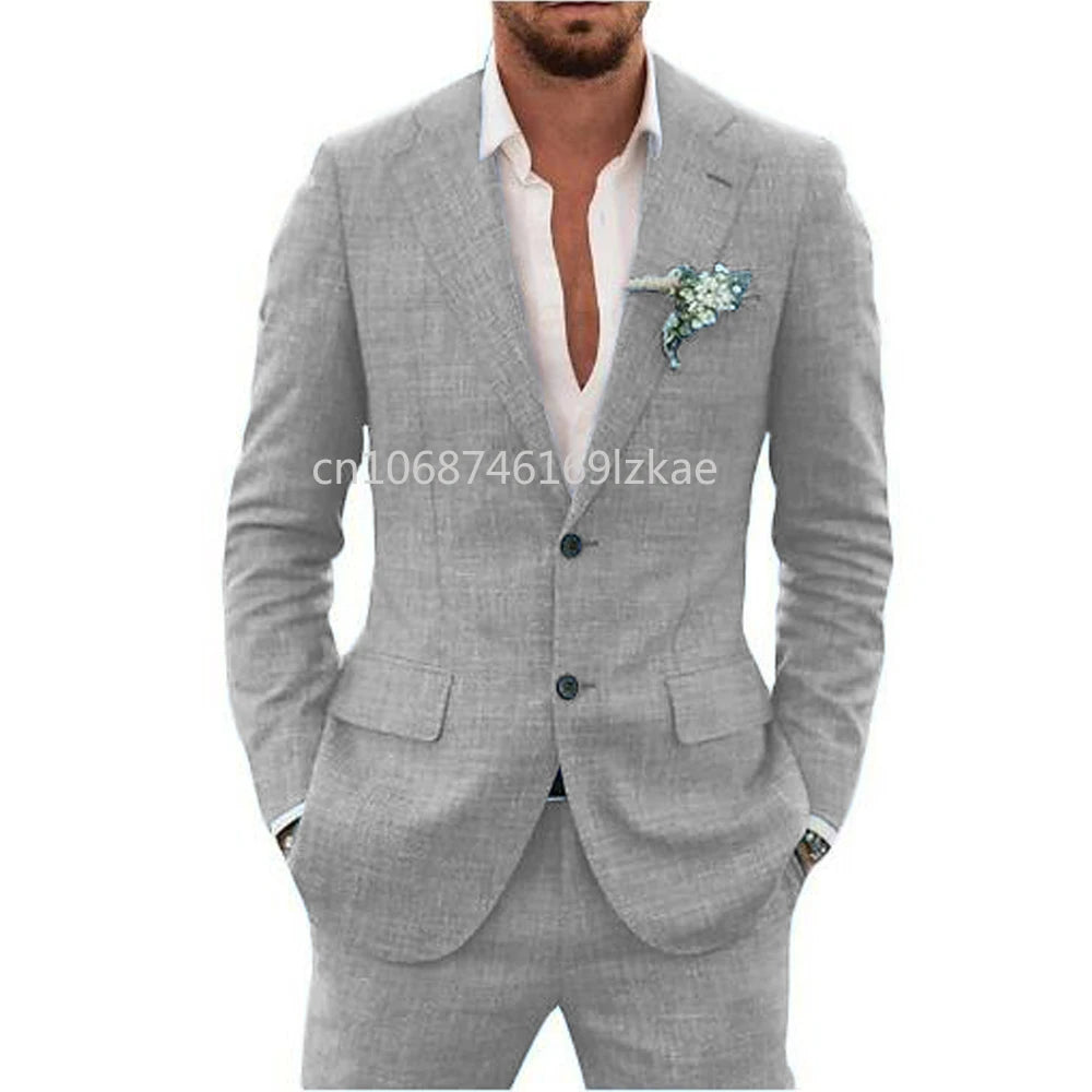 2024  Linen Suiting Fabric Full Men's Suit Lapel Collar Single-breasted 2 Piece Set Elegant Man Suits High Quality Blazer