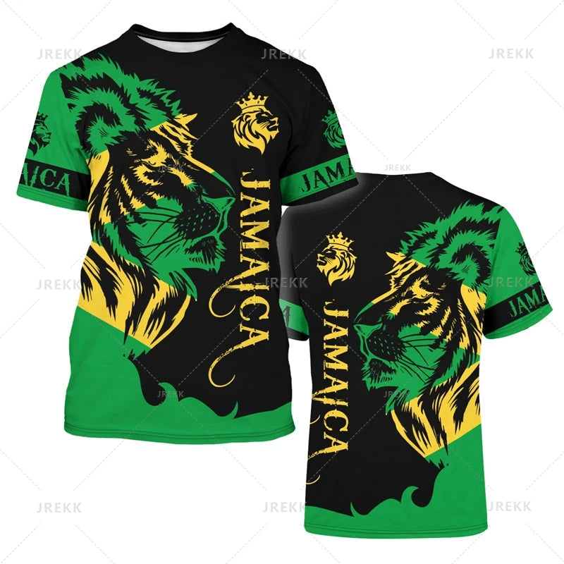 Jamaica Flag Graphic T-Shirt Men's Lion 3d Printed Crewneck Short Sleeve Casual Sports Tops Tees Summer Oversized T Shirts