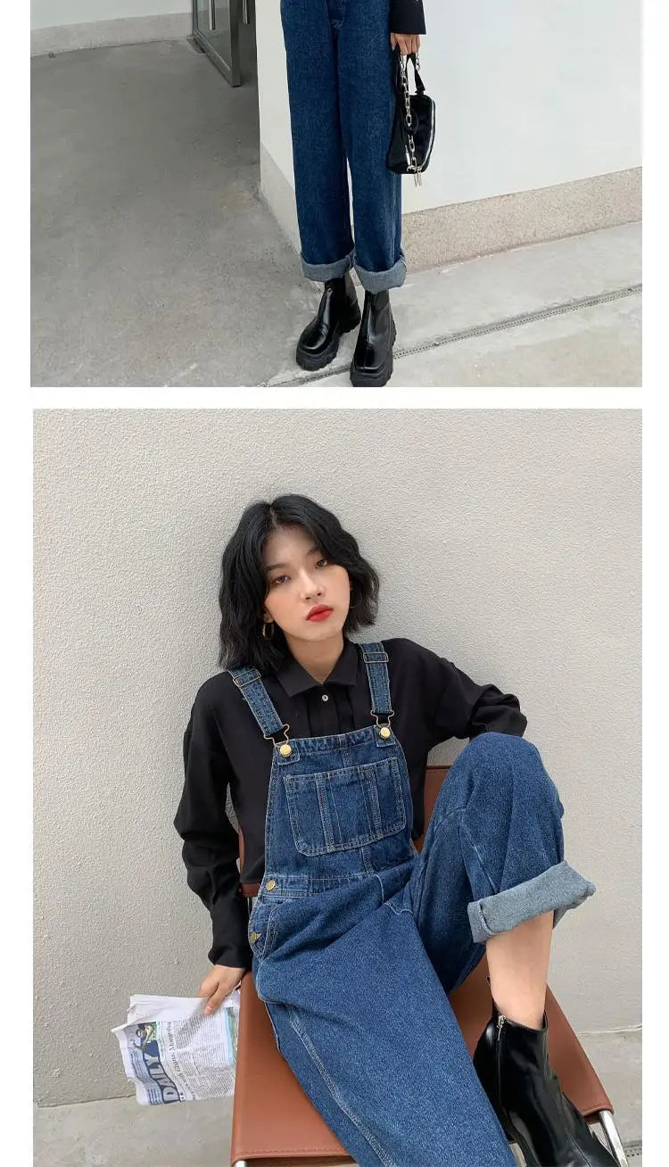 Jumpsuits Women Dark Blue Vintage Streetwear Harajuku Casual Fashion High Waist Loose Overalls Ulzzang Denim Suspenders Trousers