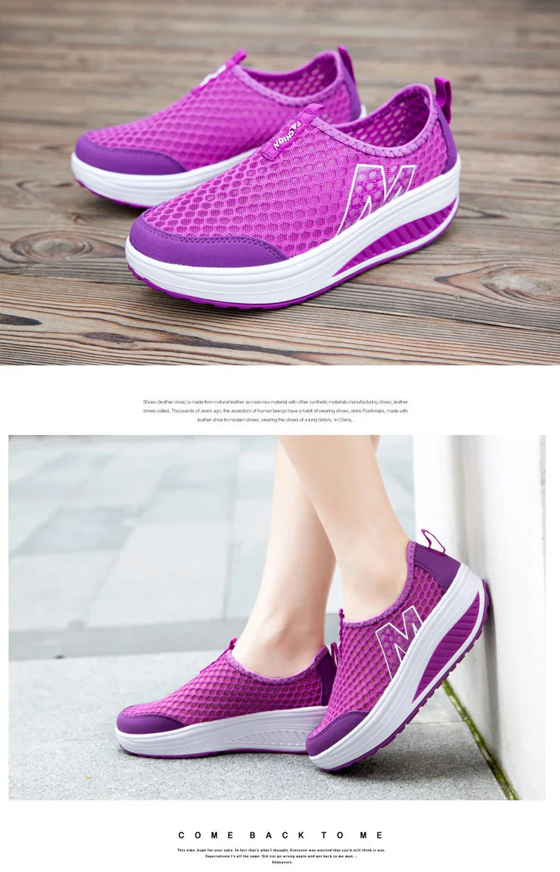 Women Mesh Flat Shoes Sneakers Women Swing Wedge Hollowed Out Slip-on Shoes Women Platform Breathable Lightweigt Vulcanization