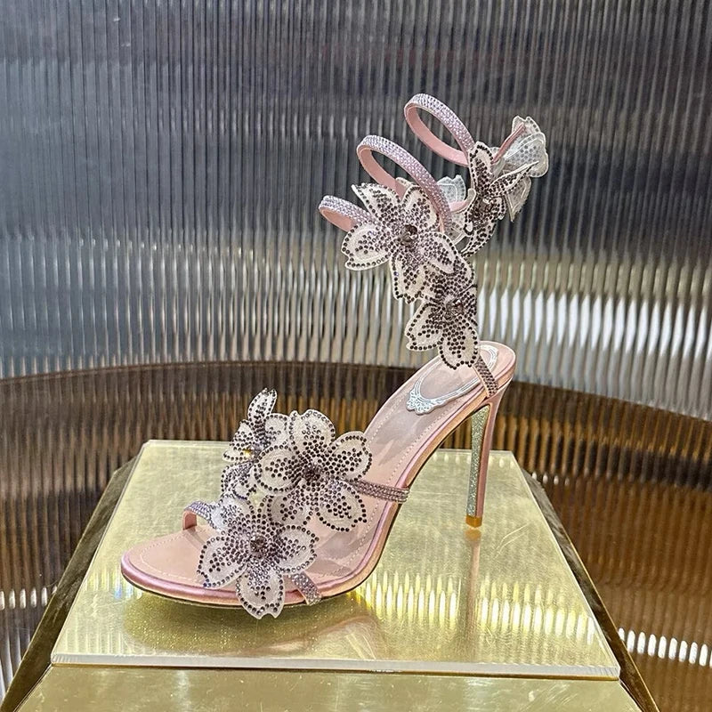 Sandalias Women Rhinestone Flower Decor Dress Shoes Snake Shaped Elastic Strap Thin High Heels Sandals Summer Bridesmaid Shoes