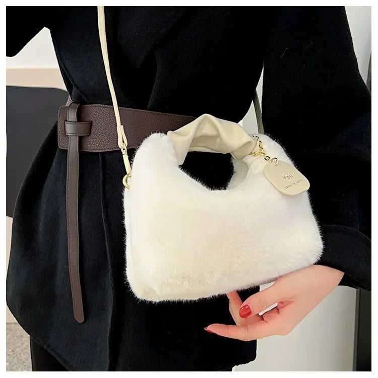 Women Faux Fur Plush Handbags Ruched Handle Small Lady Shoulder Crossbody Bag Casual Tote Half-Moon Hobos Winter Bags for Women